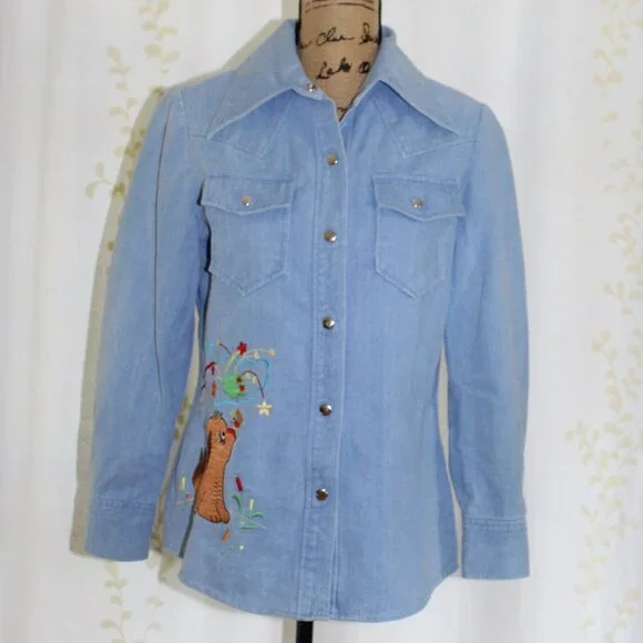 Vtg Penney's International Imports Embroidered Dog Girl Denim Jeans Shirt Set